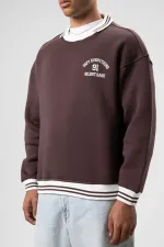 Oversize Yaka Nakış Detaylı Sweatshirt Kahve