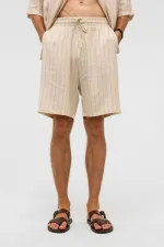 Oversize Çizgili Keten Şort Vizon