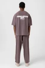 Label Detailed Oversize Modal Fabric Tracksuit Set Coffee