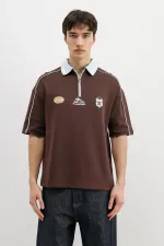 Fermuarlı Yaka Baskılı Oversize Tişört Kahve