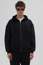 Basic Fermuarlı Oversize Kapüşonlu Sweatshirt Siyah