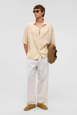 Oversize Striped Short-Sleeved Modal Fabric Shirt, Beige