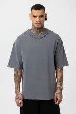 Yıkamalı Zincir Detaylı Oversize Tişört Füme