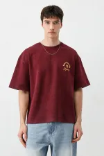 Kısa Kollu Boxy Fit Baskılı Tişört Bordo