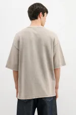 Yıkamalı Yazı Baskılı Oversize Tişört Bej