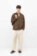 Basic Oversize Pamuk  Keten Gömlek Kahve