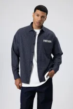 Oversize Baskılı Günlük Kareli Gömlek Lacivert