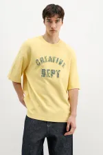 Yıkamalı Yazı Baskılı Oversize Tişört Sarı