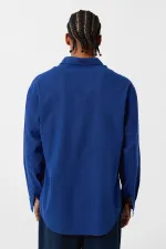 Basic Oversize Pamuk Keten Gömlek Saks Basic Oversize Pamuk Keten Gömlek Saks