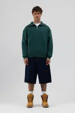 Sweat-shirt basique à fermeture éclair et col montant, bleu marine