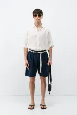 Kemerli Oversize Keten Şort Lacivert