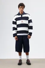 Oversize Şeritli Baskılı Sweatshirt Koyu Lacivert