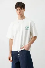 Kısa Kollu Boxy Fit Baskılı Tişört Ekru