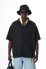 Yıkamalı Oversize Arka Baskılı Kısa Kol Cepsiz Gömlek Siyah