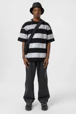 Yıkamalı Şeritli Oversize Tişört Siyah - Beyaz