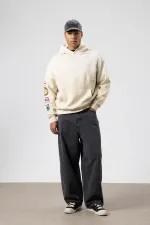 Oversize Baskılı Kapüşonlu Sweatshirt Bej