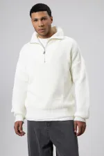 Yarım Fermuarlı Triko Kazak Ekru