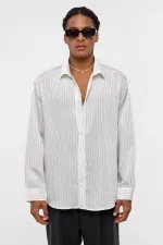Oversize Çizgili Uzun Kollu Gömlek Beyaz