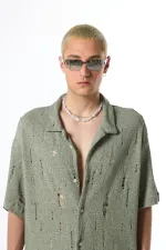 Oversize Deliklı Triko Gömlek Haki