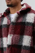 Oversize Peluş Ekose Ceket Bordo