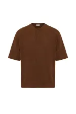 Basic Oversize Düğme Yaka Tişört Kahve