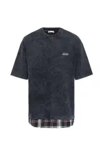 Yıkamalı Oversize Ekose Detaylı Tişört Siyah