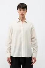 Dokulu Keten Görünümlü Oversize Gömlek Naturel