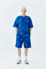 Oversize Desenli Şort Tişört Takım Saks