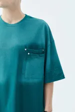 Yıkamalı Cep Detaylı Oversize Tişört Petrol