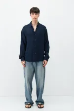 Chemise oversize légèrement texturée bleu marine