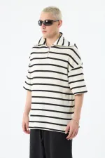 Oversize Çizgili Fermuarlı Yaka Triko Tişört Ekru