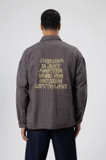 Oversize Baskılı Günlük Kareli Gömlek Kahve