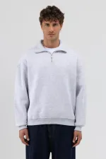 Oversize Fermuarlı Dik Yaka Sweatshirt Karmelanj