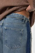 Kemer Detaylı Şeritli Baggy Jean Mavi Melanj