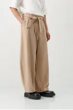 Barrel Fit Tailored Fit Kemerli Pantolon Bej