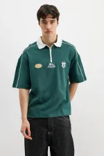 Fermuarlı Yaka Baskılı Oversize Tişört Nefti