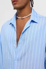 Oversize Çizgili Uzun Kol Gömlek Mavi