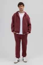 Basic Fermuarlı Oversize Kapüşonlu Sweatshirt Bordo