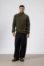 Fermuarlı Örme Triko Kazak Haki