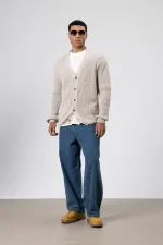 V Yaka Düğmeli Örgü Hırka Kazak Koyu Taş