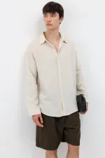 Uzun Kollu Basic Oversize Gömlek Bej