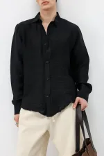 Dokulu Oversize Gömlek Siyah