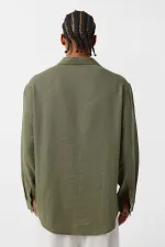 Basic Oversize Uzun Kollu Keten Gömlek Haki