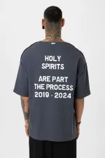 Arka Yazı Baskılı Oversize Triko Tişört Füme