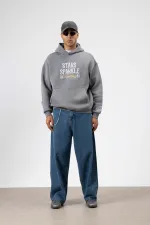 Oversize Nakış Baskılıkapüşonlu Sweatshirt Füme