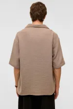 Oversize Kısa Kollu Müslin Kumaş Gömlek Bej