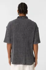 Yıkamalı Oversize Polo Yaka Tişört Siyah