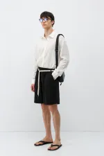 Kemerli Oversize Keten Şort Siyah