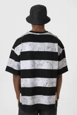 Yıkamalı Şeritli Oversize Tişört Siyah - Beyaz