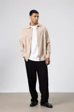 Oversize Dokulu Gömlek Bej